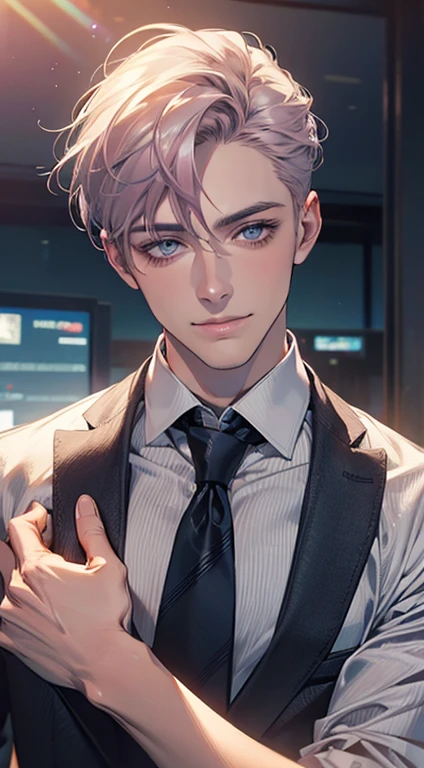(Highest quality,4K,8K,High resolution,masterpiece:1.2),Super detailed,(Realistic,photoRealistic,photo-Realistic:1.37),1 person,31 years old,Mature Men,Beautiful skin、very handsome,Expressionless,smile,Short gray pink hair,blue eyes,Sharp Eyes,A perfect face without a doubt,Businessman,Office Background,Cinema Lighting,HDR image,tie、