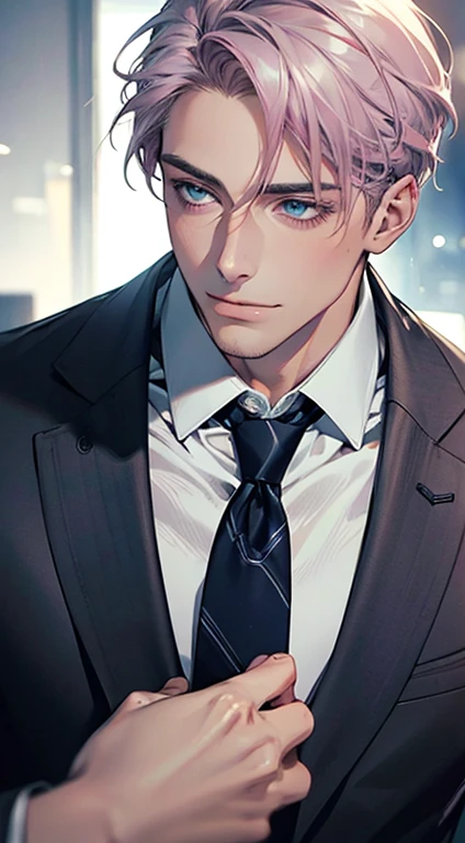 (Highest quality,4K,8K,High resolution,masterpiece:1.2),Super detailed,(Realistic,photoRealistic,photo-Realistic:1.37),1 person,31 years old,Mature Men,Beautiful skin、very handsome,Expressionless,smile,Short gray pink hair,blue eyes,Sharp Eyes,A perfect face without a doubt,Businessman,Office Background,Cinema Lighting,HDR image,tie、