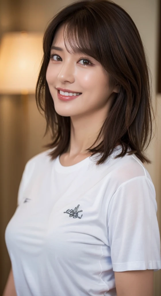 ((Best Quality, 8K, Masterpiece: 1.3)), tall and beautiful woman, Perfect figure: 1.4, Dark brown hairstyle, short hair, white T-shirt, no postural movement, Standing straight, Very detailed face and skin texture, Detailed eyes, Double eyelids, Smile