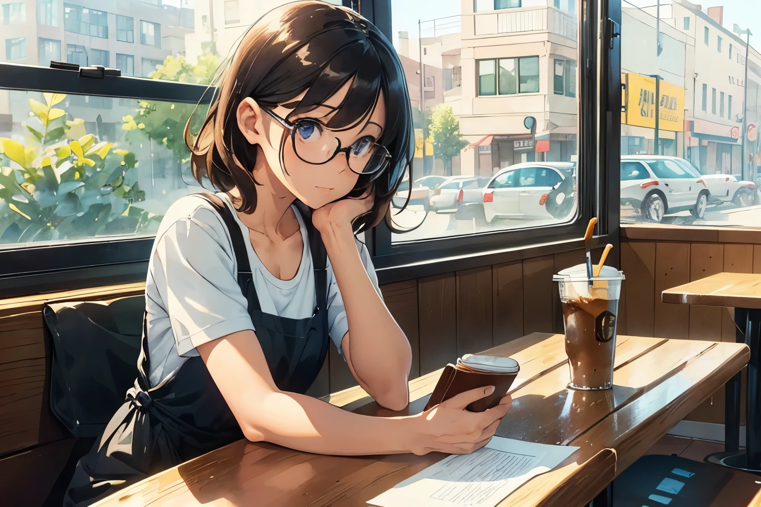 Perfect body,Full Arms,Full legs,Full face,Coffee shop,indoor,A girl reading a paperback book,Medium Hair,Glasses,Iced coffee on the table,(One iced coffee), outside the window is the road,A mini bike is running,(Watercolor style)