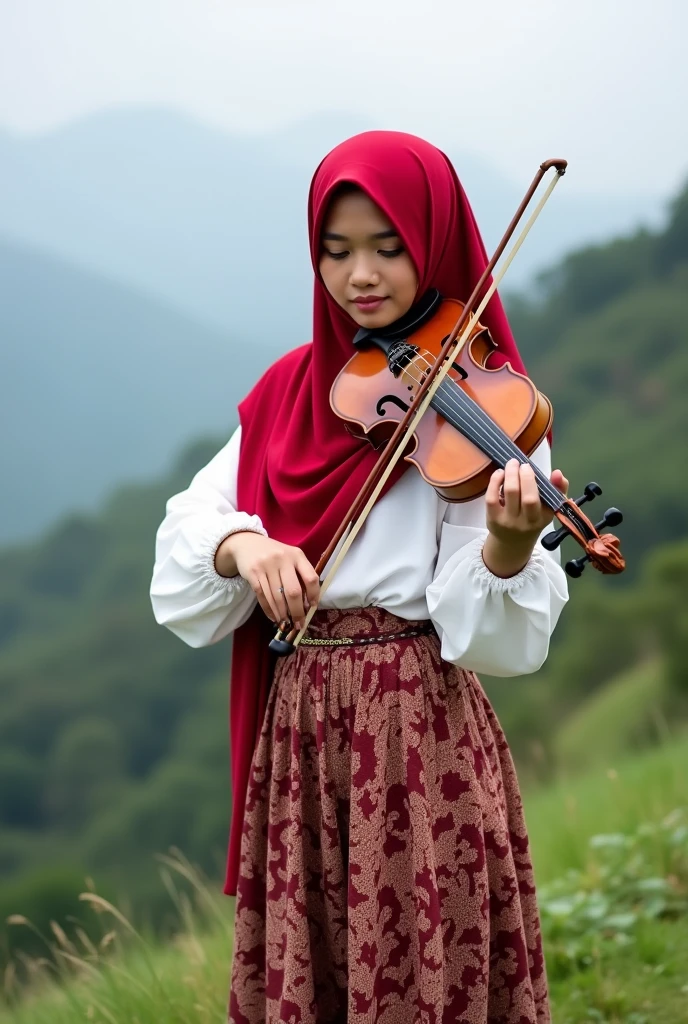 A beautiful Indonesian woman wearing a long red hijab, wearing a white kebaya borkat, wearing a wide batik patterned skirt, playing the violin, background on a hill 