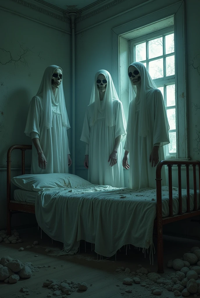 Create a dark and eerie image of three ghostly patients in an abandoned hospital room. Each patient appears ghostly pale with hollow, vacant eyes and tattered hospital gowns. They are positioned near an old, rusty bed, their forms partially transparent and ethereal. The room is dimly lit, with shadows casting unsettling shapes on the cracked walls. The atmosphere is cold and oppressive, with dust particles floating in the weak light. The overall mood should evoke a sense of despair and ghostly presence, highlighting the tragic and unsettling history of the room.