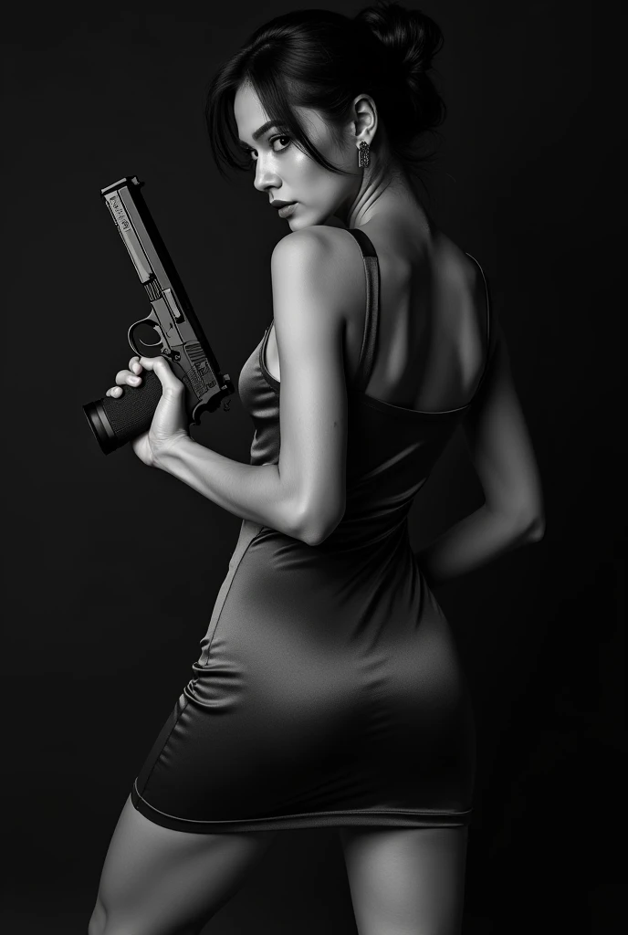 A woman holding a gun at her side. The colours are black at white. She wore a tight satin bodycon dress. And only focused on the gun she is holding and do it upclose. The angle is from the back.