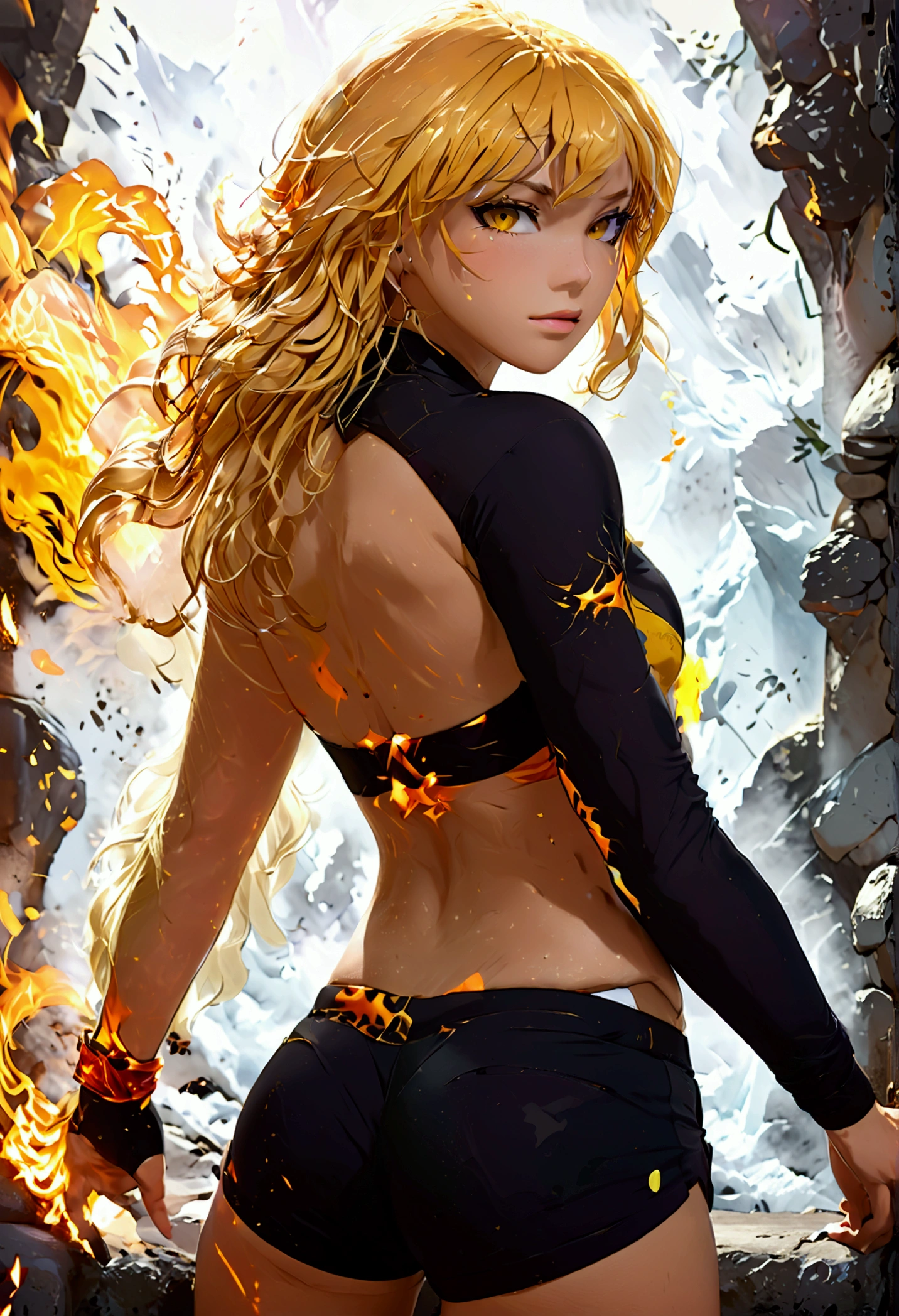 (promotional art), (Whole body), Yang Xiao Long of 'RWBY', aroused face, yellow hair, mystic fire all around, skin tight shorts, booty cheek shorts, 3/4 looking back pose, lean muscle, strong glutes, ass cheek peaks out from shorts, shorts are wedgied, underboob showing