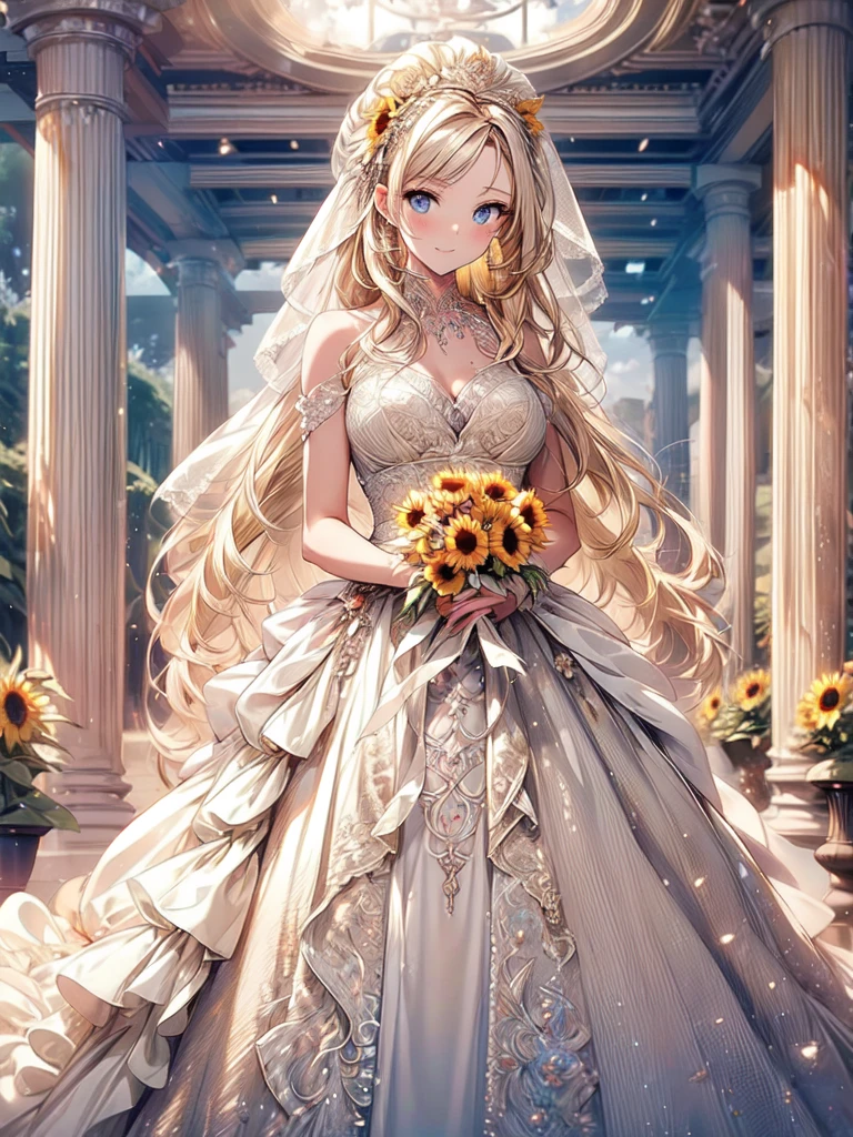 (masterpiece, Highest quality, beautifully、beautiful:1.3), View your audience, One Girl, alone, A light smile, (Compensate, Long Hair, Milk beige hair, blue eyes:1.2), Octane Rendering, Bridal Veil, Lace Trim Dresses, See through, pastel yellow wedding dress, Outdoor, sunflower, garden, morning, Are standing, Very detailed,