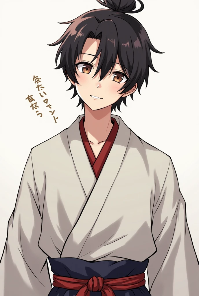 A handsome man with messy, tied-up hair and a half々Draw an anime-style person wearing a haori