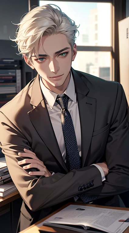 (Highest quality,4K,8K,High resolution,masterpiece:1.2),Super detailed,(Realistic,photoRealistic,photo-Realistic:1.37),1 person,34 years old,Mature Men,Beautiful skin、very handsome,Expressionless smile in love,Short white hair,green eyes,Sharp Eyes,A perfect face without a doubt,Businessman, CEO, Office Background,Cinema Lighting,HDR image,tie、
