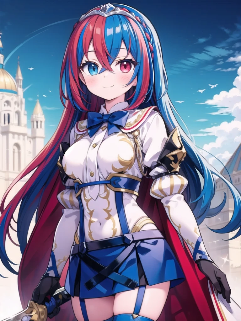 1girl, masterpiece, best quality, perfect hands, smile, blush, closed mouth, long sleeves, blue eyes, red eyes, multicolored hair, red hair, blue hair, crown braid, very long hair, bowtie, suspenders, blue skirt, white thighhighs, blue garter straps, white cape, alear \(fire emblem\), heterochromia, crossed bangs, split-color hair, tiara, armor, gloves, jewelry, thighhighs, skirt, cowboy shot, holding, sword