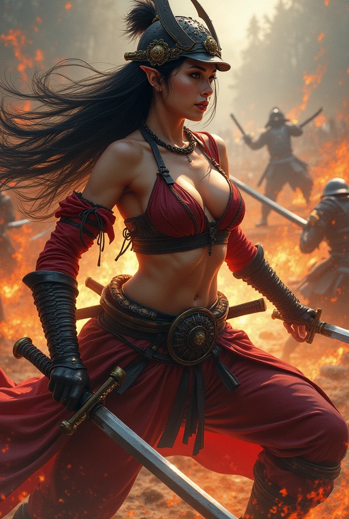 Japan Female Samurai、Female warriors of the Sengoku period、Wearing a helmet、Scene of fierce fighting、There are many people fighting around、Flames are rising all around、Sense of presence。Real、Genuine、25age、Black Hair, elf ears, cleavage, thigh, short skirt, sexy