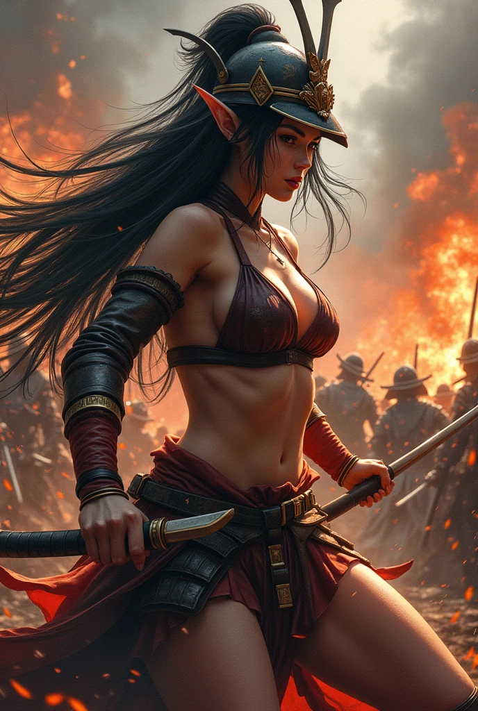 Japan Female Samurai、Female warriors of the Sengoku period、Wearing a helmet、Scene of fierce fighting、There are many people fighting around、Flames are rising all around、Sense of presence。Real、Genuine、25age、Black Hair, elf ears, cleavage, thigh, short skirt, sexy