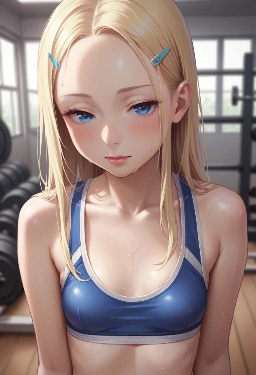 (​masterpiece),(top-quality:1.2),1girl in,(masuter piece:1.3),exquisitedetails,Highest quality 8K resolution,Ultra-detailed,(Realistic:1.1),Vibrant colors,Soft tones,(30 years old),(Smooth straight blonde hair:1.2),(forehead:1.3),(long hair),(Dark blue eyes:1.3),(half close eyes:1.1),hair clips,(breasts:1.4),sweaty,(blush:0.8),[[[[flat chest]]]],(in gym:1.2)