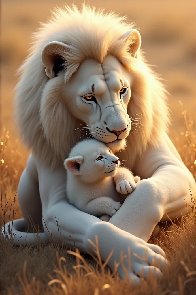 White lion cuddle his (white+amber gold mix color fur) cub