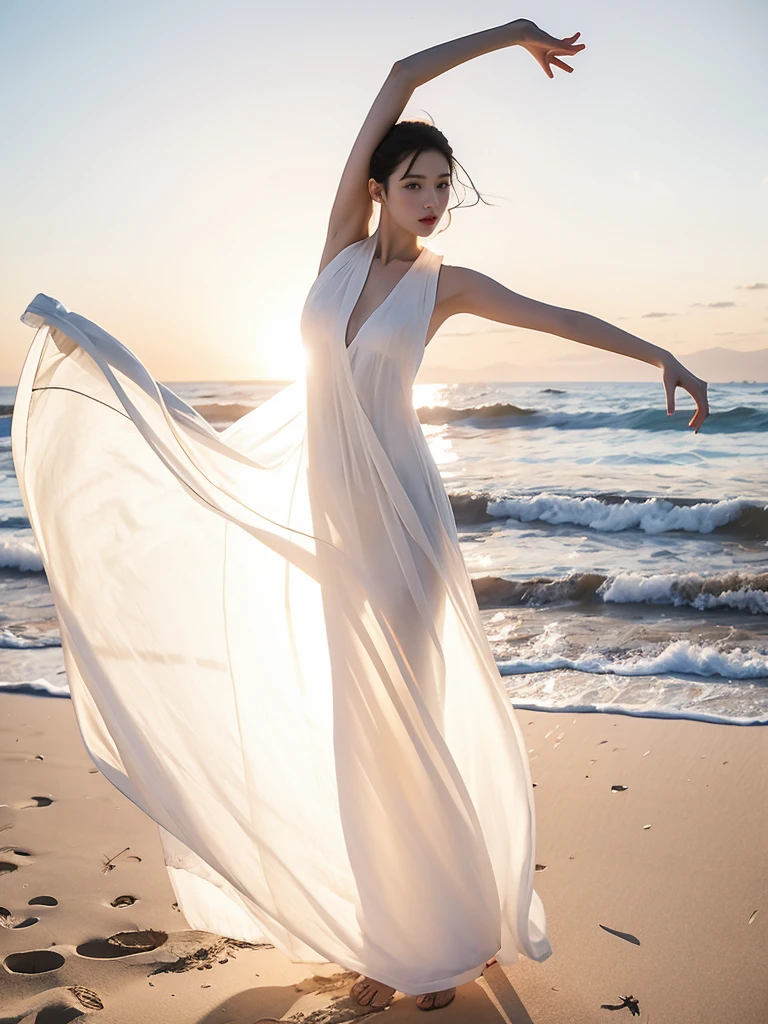 (masterpiece, best quality:1.2), 1girl, solo, standing, arm up, stretching, delicate face, white-skinned female, see-through silhouette, white dress, full body, outdoor, on the beach