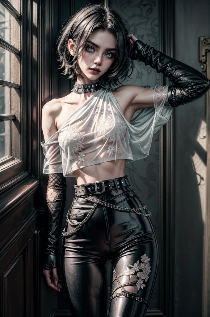 (Detailed illustrations, Very detailed and detailed drawing, Delicate lines with slow and rapid, Realistic texture expression), One woman with very short white hair with black tips, ( emo hairstyle, ), goth, pale white skin, evil smirk, (girls bedroom background), dark lighting, cold atmosphere, lore_Emma , blue eyes , dark eyeliner, (ultra dark glossy black lipstick), bored expression, gorgeous face , super cute, 18 years old , hyper detailed face, (super skinny figure , small breast, thin waist), back leaning against wall, one raised arm behind head, slim legs, slim hips, LowriseXL, (ultra low rise wet look shiny leather pants with transparent flower pattern), (mesh shirt with flower pattern under bare shoulder white t-shirt), black choker, vulva tattoo, (white lotus flower in hair), ((flower pattern tattoo)), fingerless leather gloves, (black nail polish), faded tattoo's, ((thigh belt)), ((hip chains)), ((belt hanging on hip)), ((many studded belts))