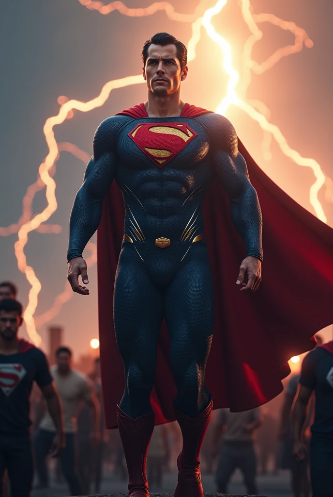 Superman helped all people's in the world after then superman
confidence face and confidence body style ., and background lightning