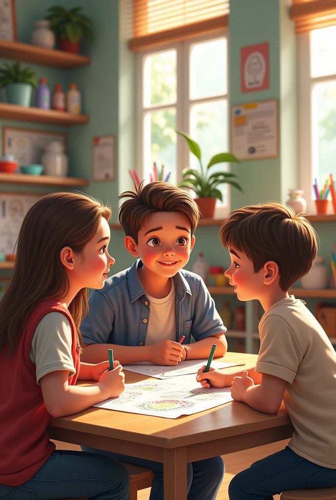 Three children (a girl and two boys) talking to her male teacher in the coloring room