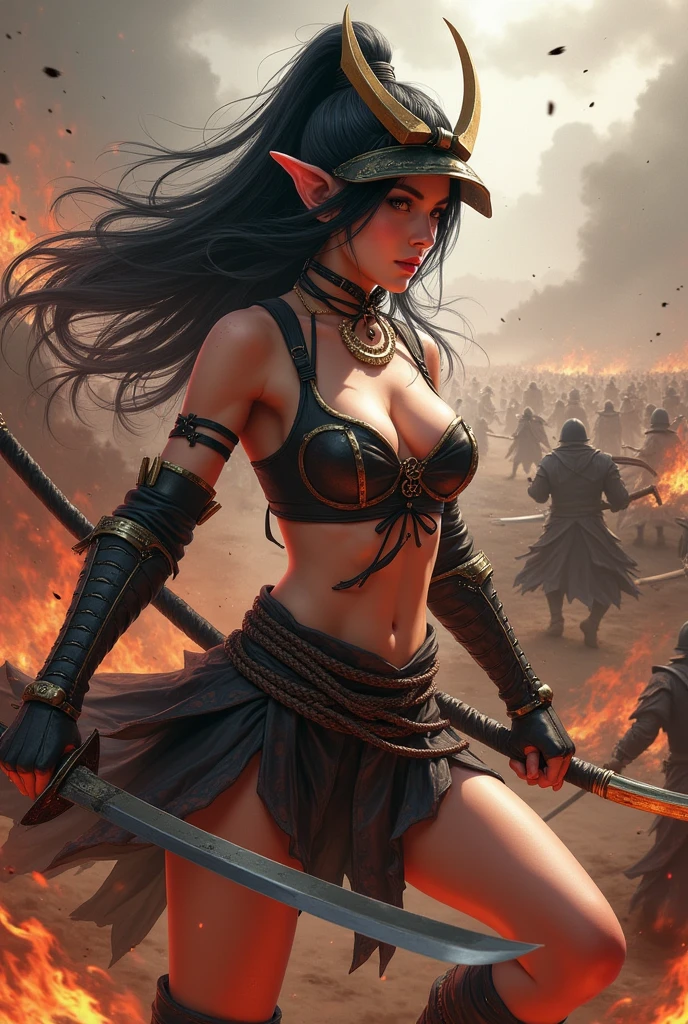 Japan Female Samurai、Female warriors of the Sengoku period、Wearing a helmet、Scene of fierce fighting、There are many people fighting around、Flames are rising all around、Sense of presence。Real、Genuine、２５age、Black Hair, elf ears, cleavage, thigh, short skirt, sexy