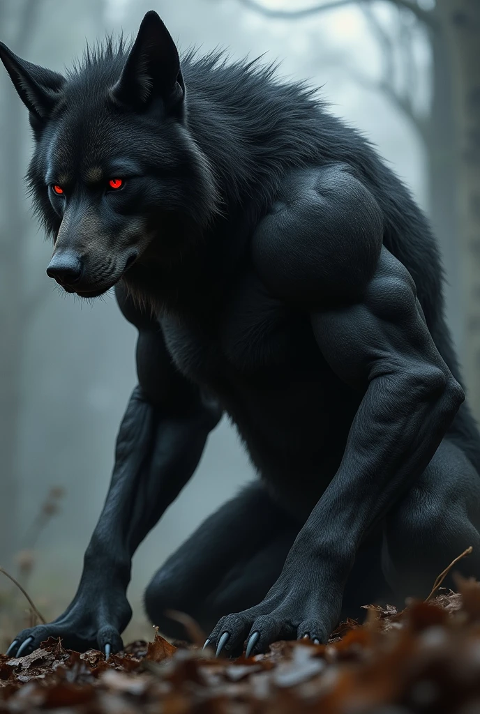 Werewolf, muscular, with big dick, black fur, red eyes,