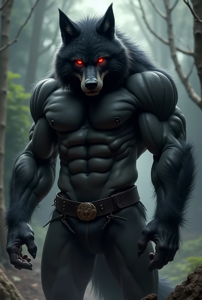 Werewolf, muscular, with big dick, black fur, red eyes,