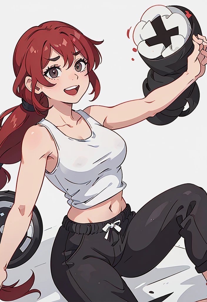 A girl with red hair、a short braided ponytail and bangs, 180° leg split stretch,Mischievous Smile. Thick thighs. detailed, black eye. Mid-chest、Crotch focus. grey cotton jersey pants,White tank top, オーバーサイズのWhite tank top,Please open your mouth a little, Nipples,Ranma 1/2,dojo,Fighter