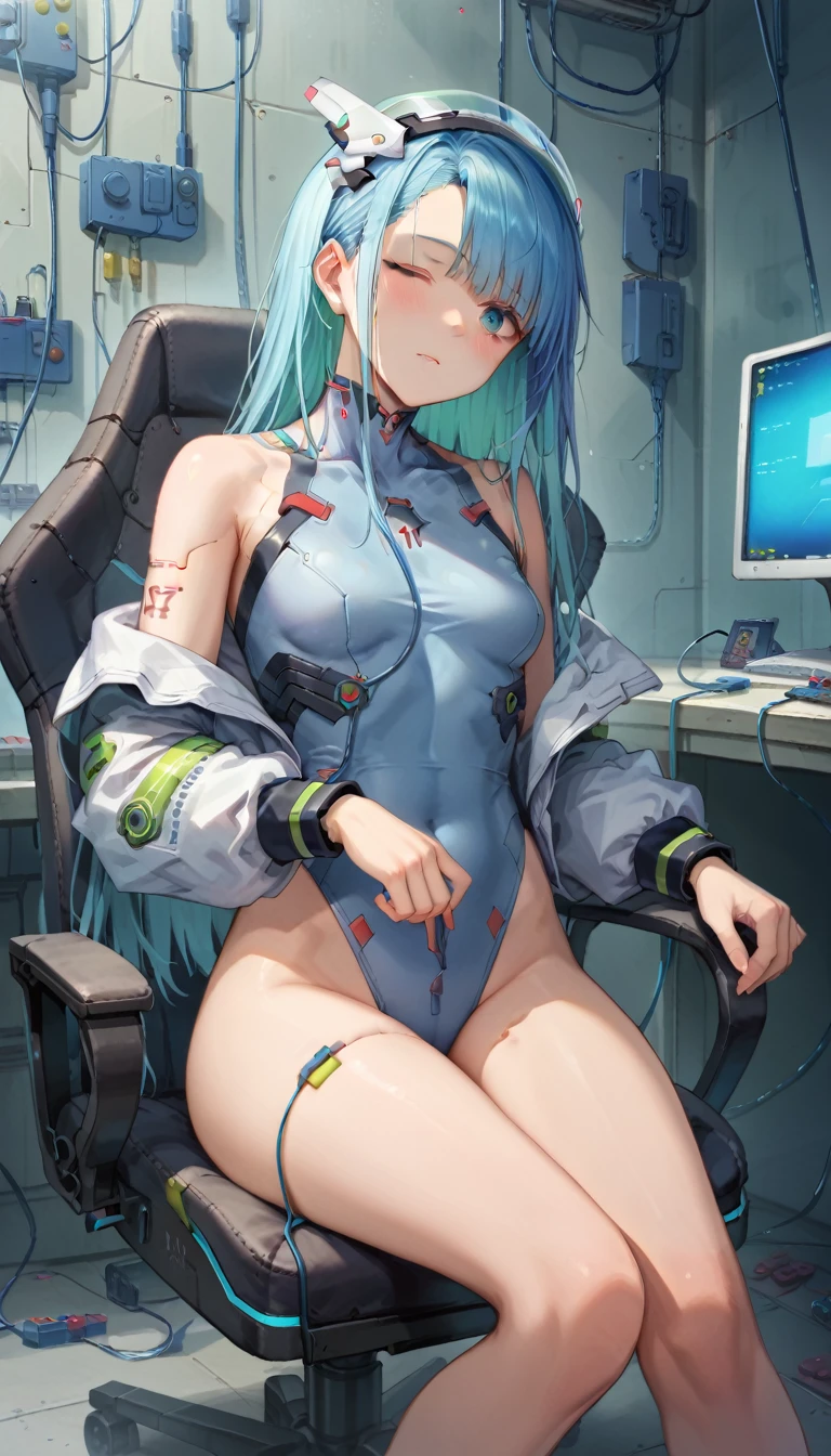 score_9, score_8_up, score_7_up, masterpiece, absurdres, source_anime, cyberpunk world, netrunner girl, in a cyberpunk garage with neon, lots of screens around her, ultra detailled background, 1girl, blue hair, long hair, blushing, (sitting on a futuristic chair:1.4), (futuristic eye-covering helmet:1.6), (sleeping:1.4), (futuristic skin-tight suit:1.2), (lots of electrical cables plugged into her head:1.6)