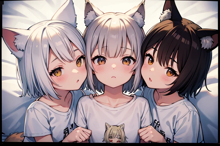 (Printed Polaroid Photo\(3females および3人の女の子 cute,cute,cute Small wolf ears Small wolf ears Small wolf ears (((White shorts Brown shorts Black shorts))) Petite Petite Petite She has big breasts She has big breasts She has big breasts first round first round first round ((pajamas pajamas pajamas)) Background is inside the bed