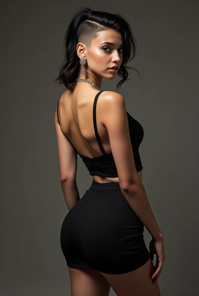 A beautiful girl with a black undercut cut hairstyle wearing a beautiful black tight skirt with a bubble butt