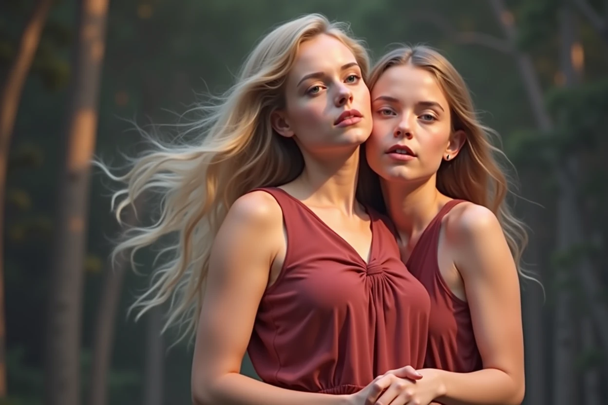 a girl growing out of another girl, photorealistic, highly detailed, hyperrealistic, lifelike, cinematic lighting, dramatic lighting, warm color palette, hyper detailed, 8k, masterpiece, (best quality,4k,8k,highres,masterpiece:1.2),ultra-detailed,(realistic,photorealistic,photo-realistic:1.37),cinematic composition, intricate details, vibrant colors, volumetric lighting, dramatic shadows, dramatic atmosphere