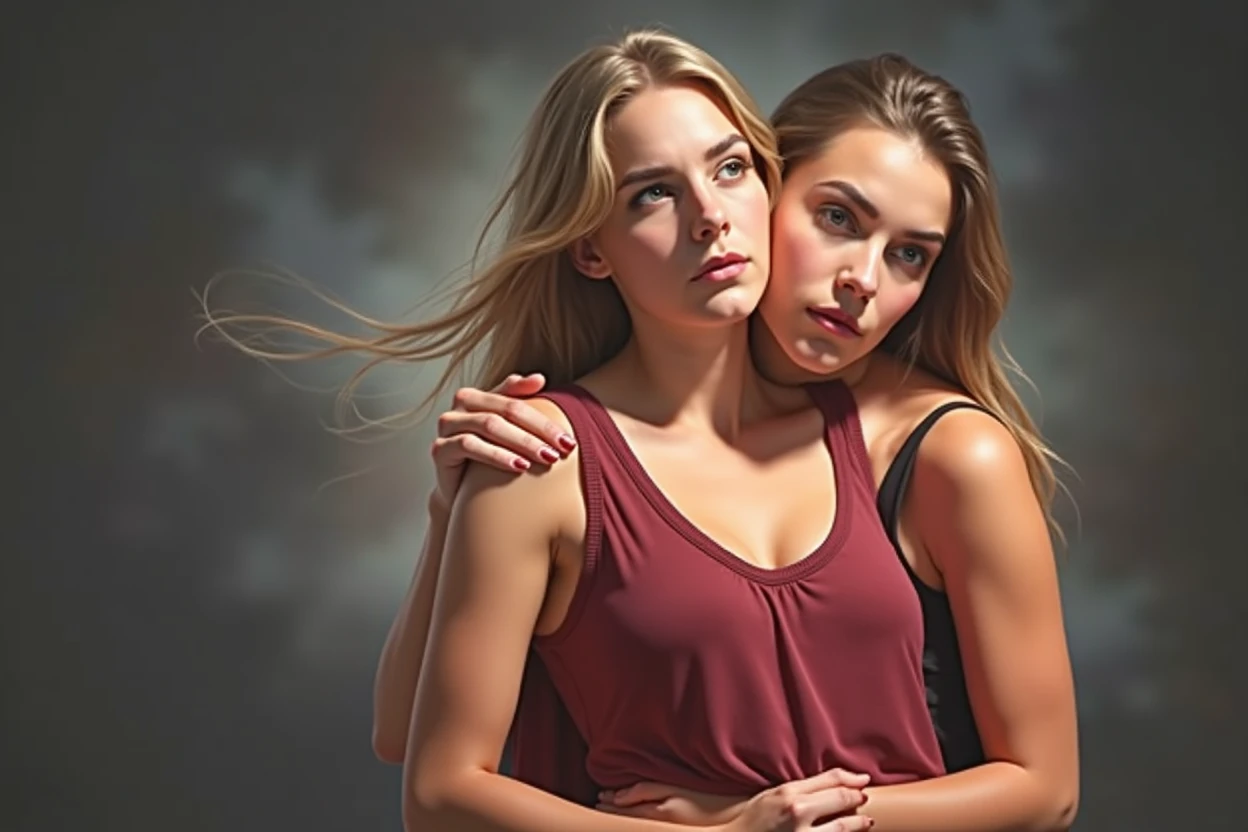 a girl growing out of another girl, photorealistic, highly detailed, hyperrealistic, lifelike, cinematic lighting, dramatic lighting, warm color palette, hyper detailed, 8k, masterpiece, (best quality,4k,8k,highres,masterpiece:1.2),ultra-detailed,(realistic,photorealistic,photo-realistic:1.37),cinematic composition, intricate details, vibrant colors, volumetric lighting, dramatic shadows, dramatic atmosphere