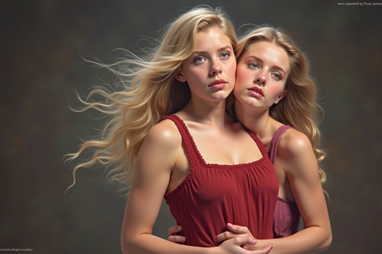 a girl growing out of another girl, photorealistic, highly detailed, hyperrealistic, lifelike, cinematic lighting, dramatic lighting, warm color palette, hyper detailed, 8k, masterpiece, (best quality,4k,8k,highres,masterpiece:1.2),ultra-detailed,(realistic,photorealistic,photo-realistic:1.37),cinematic composition, intricate details, vibrant colors, volumetric lighting, dramatic shadows, dramatic atmosphere