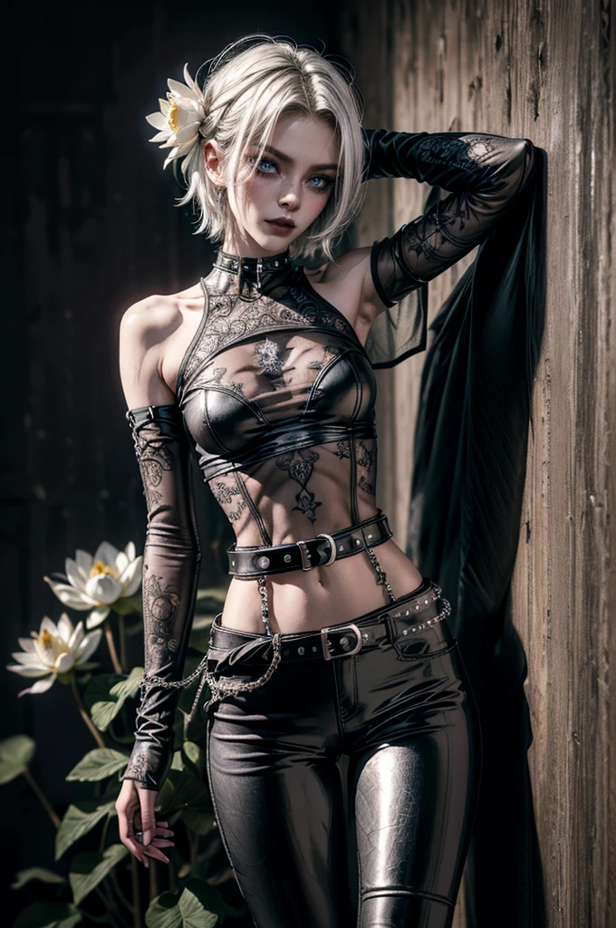 (Detailed illustrations, Very detailed and detailed drawing, Delicate lines with slow and rapid, Realistic texture expression), One woman with very short white hair with black tips, ( emo hairstyle, ), goth, pale white skin, evil smirk, (girls bedroom background), dark lighting, cold atmosphere, lore_Emma , blue eyes , dark eyeliner, (ultra dark glossy black lipstick), bored expression, gorgeous face , super cute, 18 years old , hyper detailed face, (super skinny figure , small breast, thin waist), back leaning against wall, one raised arm behind head, slim legs, slim hips, LowriseXL, (ultra low rise wet look shiny leather pants with transparent flower pattern), (mesh shirt with flower pattern under bare shoulder white t-shirt), black choker, vulva tattoo, (white lotus flower in hair), ((flower pattern tattoo)), fingerless leather gloves, (black nail polish), faded tattoo's, ((thigh belt)), ((hip chains)), ((belt hanging on hip)), ((many studded belts))