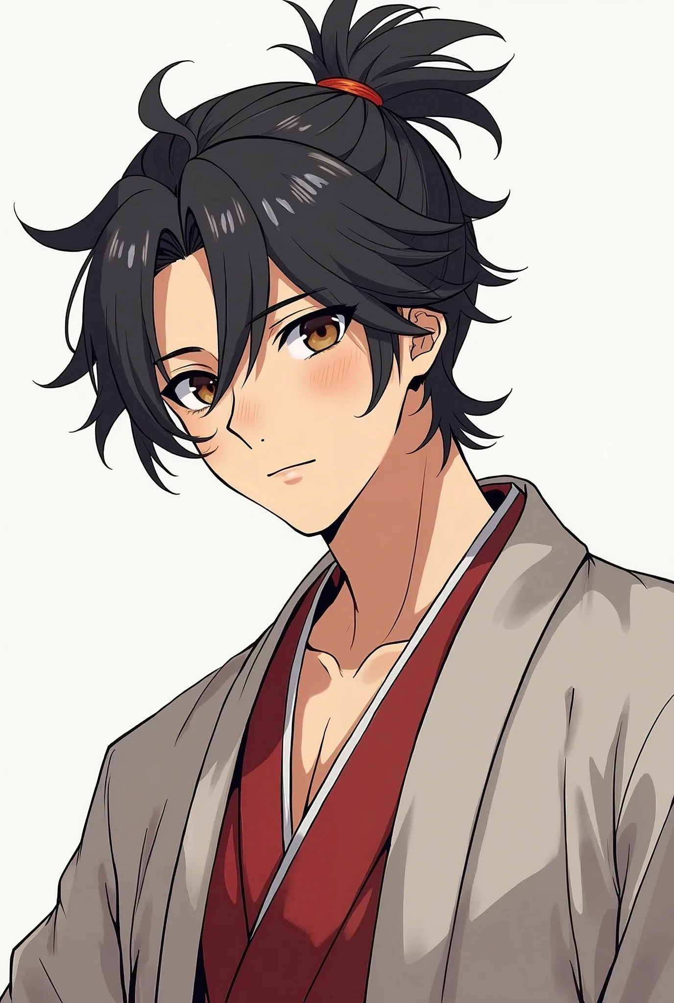 A handsome man with messy, tied-up hair and a half々Draw an anime-style person wearing a haori