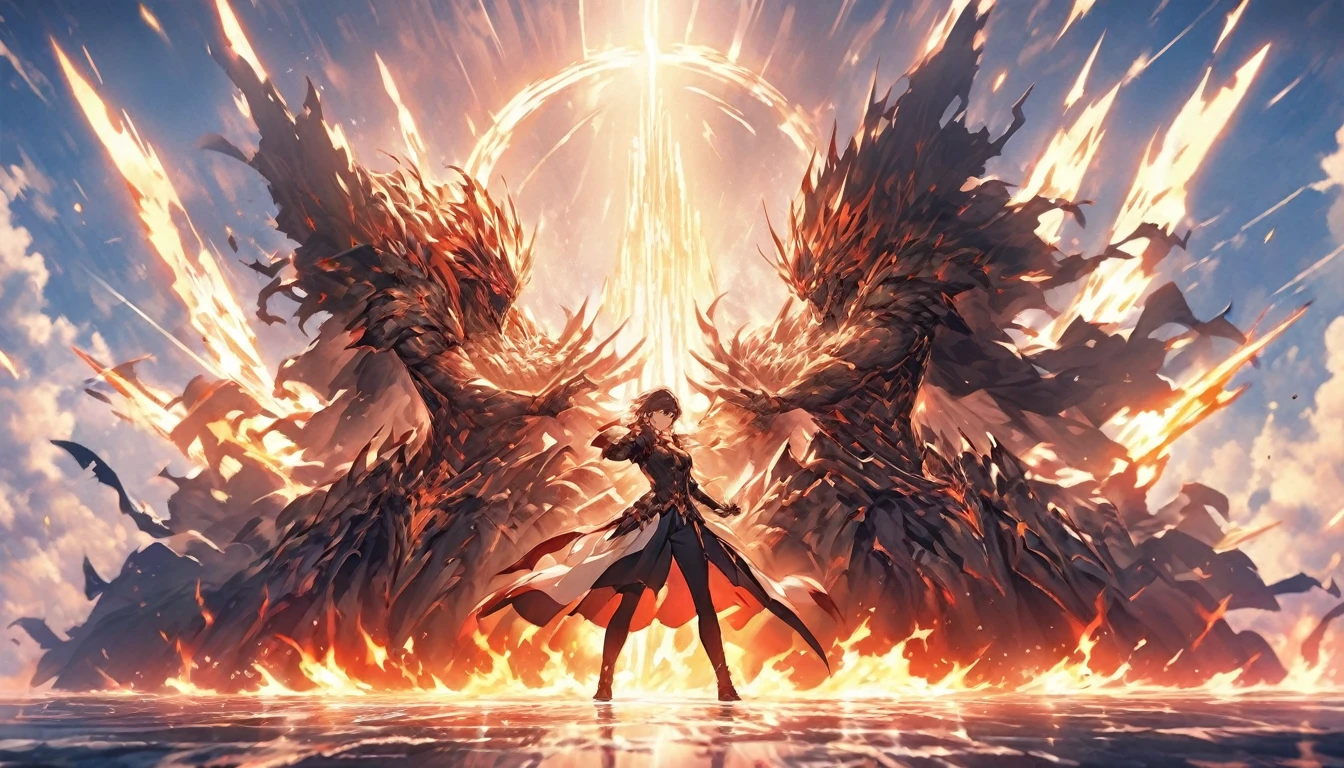 A powerful figure stands at the center, mid-action, as if they’ve just broken through a set of heavy doors. Their expression is fierce, with eyes full of determination and a sense of unyielding strength. Around them, the remnants of shattered barriers symbolize the obstacles they’ve overcome. The background transitions from dark shadows to a bright, fiery dawn, illustrating the journey from doubt to triumph. Flames swirl around their figure, representing the fire in their soul and the unstoppable force they’ve become. The sky is ablaze with vibrant colors, symbolizing the dawn of a new beginning. The figure’s stance is strong, one hand raised as if to declare victory, while the other is clenched in a fist, ready to take on whatever comes next. Their presence radiates confidence and power, embodying the message of rising and roaring against all odds.