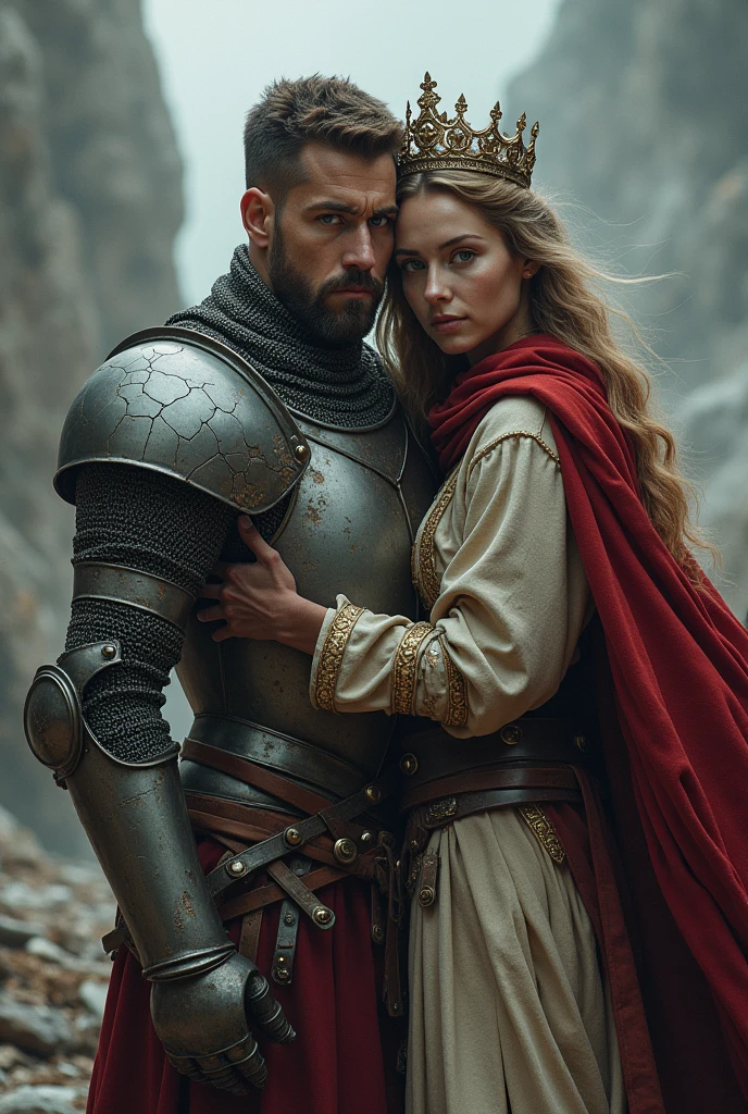 A knight in shattered and cracked armor protects a beautiful crowned princess.