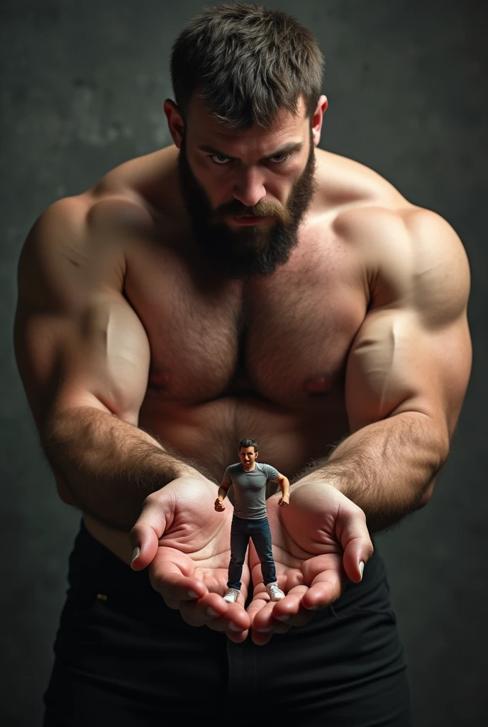 Strong giant man, lusty, hairy chest, desired, holding in the palm of his hands a 10cm tall, frightened  man