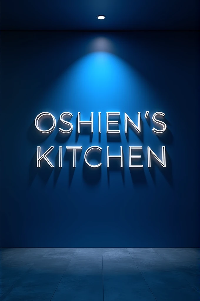 Create an image of an ACP board with the text "OSHIEN'S KITCHEN" prominently displayed. The board should have a royal blue background with a sleek and modern design. The text should be well-lit, with a subtle glow effect that makes the board stand out, especially in low-light conditions. The board is illuminated with soft lights, giving it a professional and inviting look. The style should evoke a sense of elegance and modernity, suitable for a high-end kitchen or restaurant.