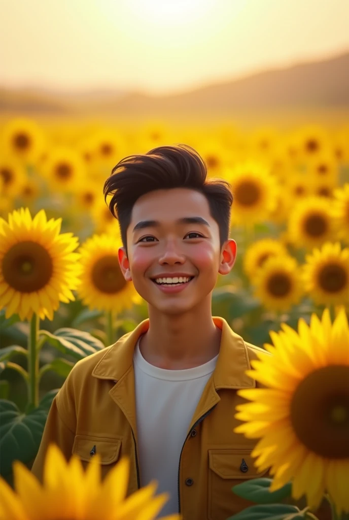 A young man with black hair, smiling bravely in a sunflower field.