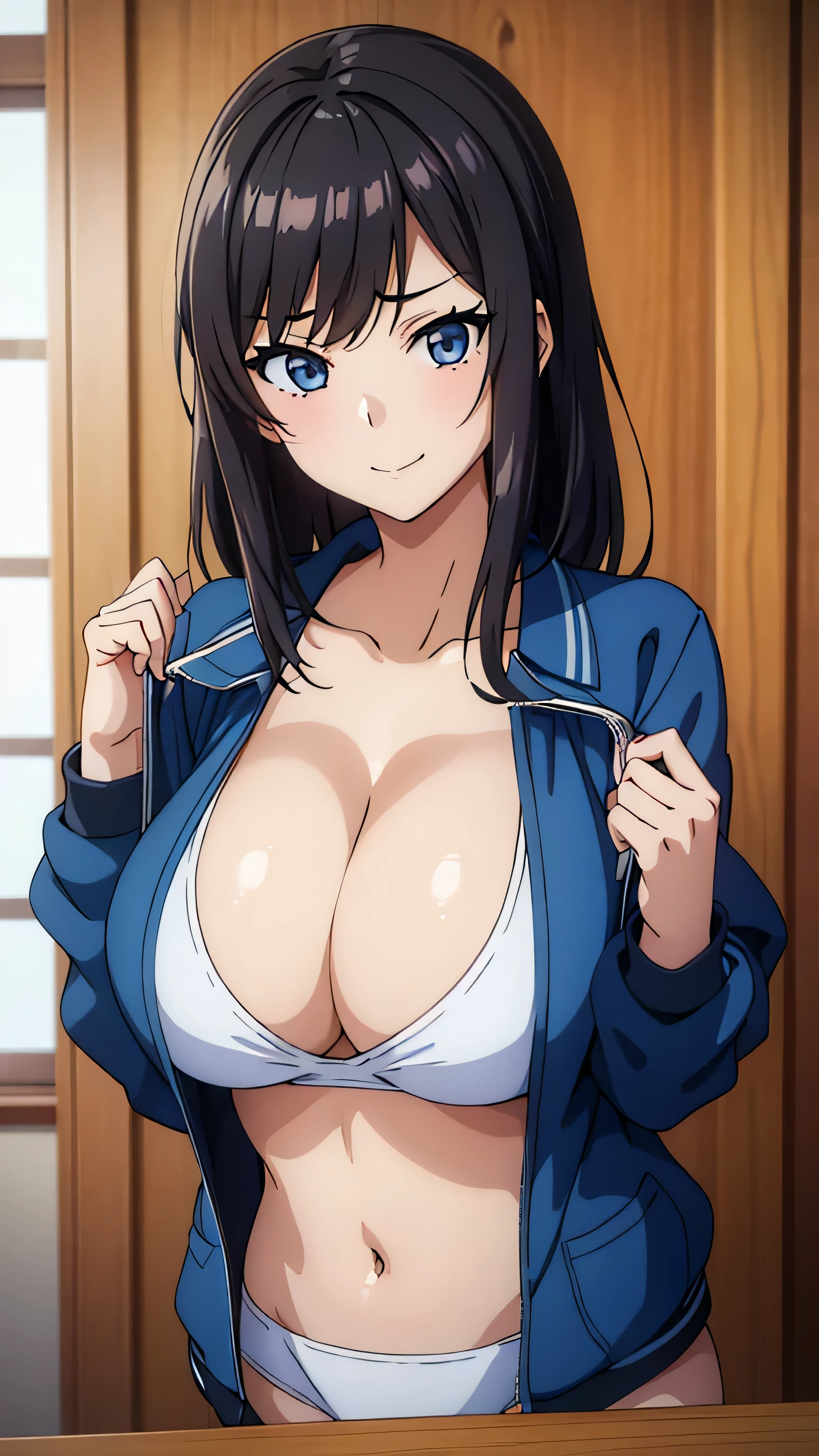 (((masterpiece))),fuyumi itadori, Anime girl characters, 1girl, solo, looking at viewer, medium hair long sleeves, cleavage, bigger breasts, closed mouth, collarbone, jacket, open clothes, open jacket, blue jacket, ground vehicle, sports bra, tall girl, horny, big ass, beautiful face,Charming, anime visual of a cute girl, screenshot from the anime film, & her expression is solemn, ahegao face, in the anime film, in an anime, anime visual of a young woman, she has a cute expressive face, still from anime, perfect breasts, she is tall, All bodies visible, ahegao face, the face is ahegao, she is horny, A perverted face, she so perverted, she smile so perverted, hd picture, 4k quality, details of the face is so good,bigger breasts,