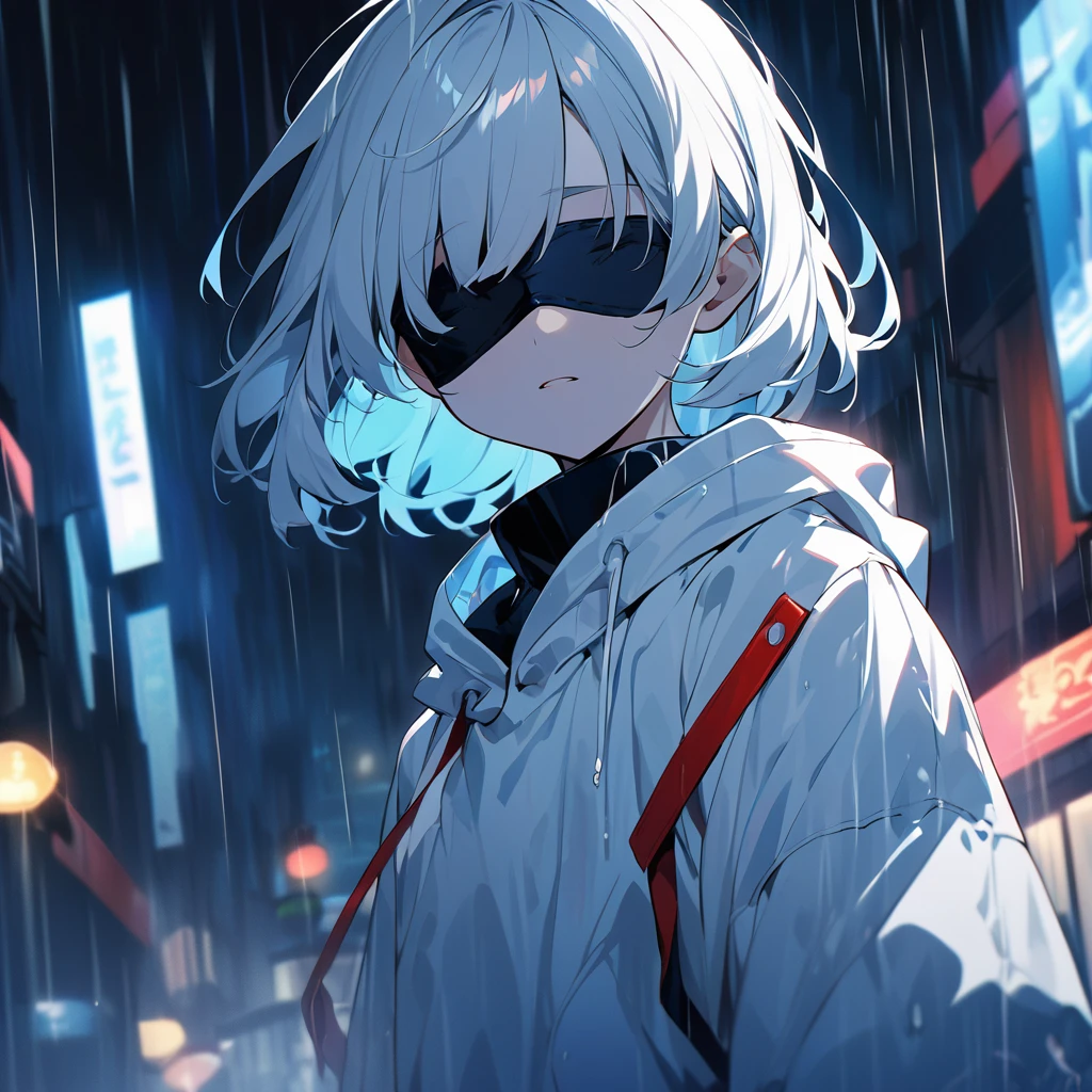 "A mysterious, young anime-style character with spiky white hair, wearing a blindfold, standing in a dark, rainy urban setting at night. The character is wearing a white hoodie, and the scene has a cool blue and white color scheme. The background features blurred city lights, tall buildings, and a few red traffic lights glowing faintly through the rain. The mood is intense and enigmatic, with a focus on the character's calm and composed expression. The lighting is dramatic, highlighting the character's hair and casting shadows across their face."