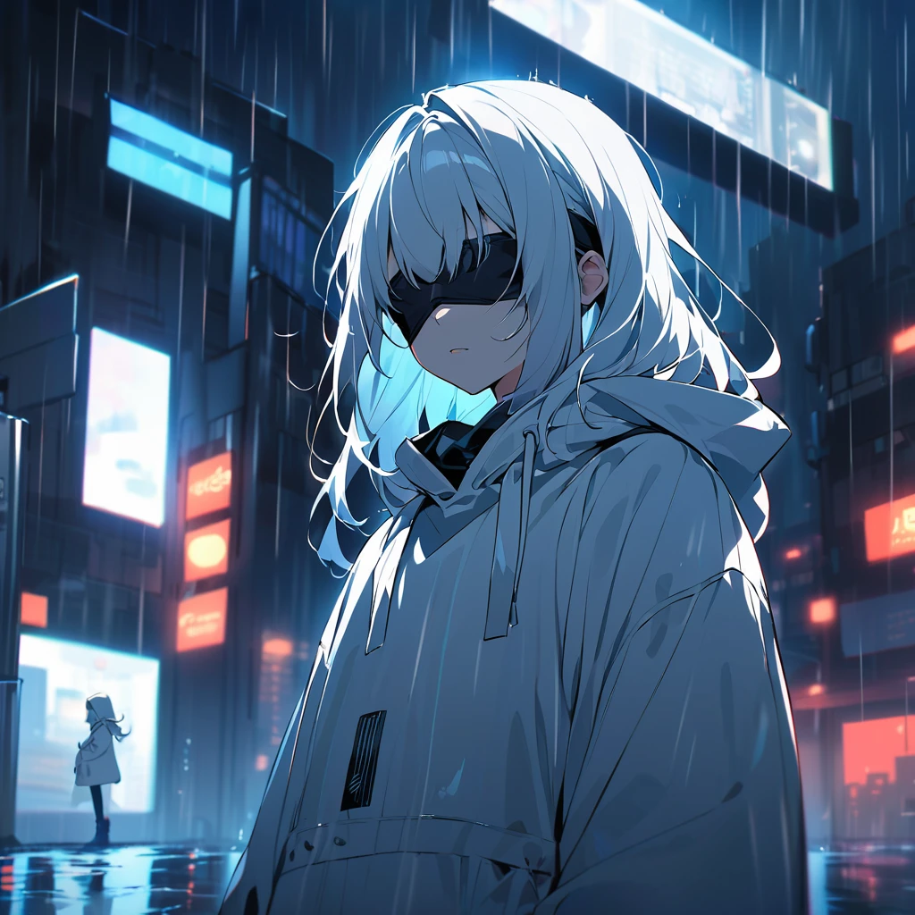 "A mysterious, young anime-style character with spiky white hair, wearing a blindfold, standing in a dark, rainy urban setting at night. The character is wearing a white hoodie, and the scene has a cool blue and white color scheme. The background features blurred city lights, tall buildings, and a few red traffic lights glowing faintly through the rain. The mood is intense and enigmatic, with a focus on the character's calm and composed expression. The lighting is dramatic, highlighting the character's hair and casting shadows across their face."