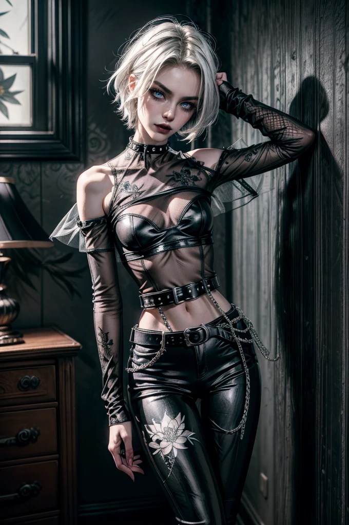 (Detailed illustrations, Very detailed and detailed drawing, Delicate lines with slow and rapid, Realistic texture expression), One woman with very short white hair with black tips, ( emo hairstyle, ), goth, pale white skin, evil smirk, (girls bedroom background), dark lighting, cold atmosphere, lore_Emma , blue eyes , dark eyeliner, (ultra dark glossy black lipstick), bored expression, gorgeous face , super cute, 18 years old , hyper detailed face, (super skinny figure , small breast, thin waist), back leaning against wall, one raised arm behind head, slim legs, slim hips, LowriseXL, (ultra low rise wet look shiny leather pants with transparent flower pattern), (mesh shirt with flower pattern under bare shoulder white t-shirt), black choker, vulva tattoo, (white lotus flower in hair), ((flower pattern tattoo)), fingerless leather gloves, (black nail polish), faded tattoo's, ((thigh belt)), ((hip chains)), ((belt hanging on hip)), ((many studded belts))