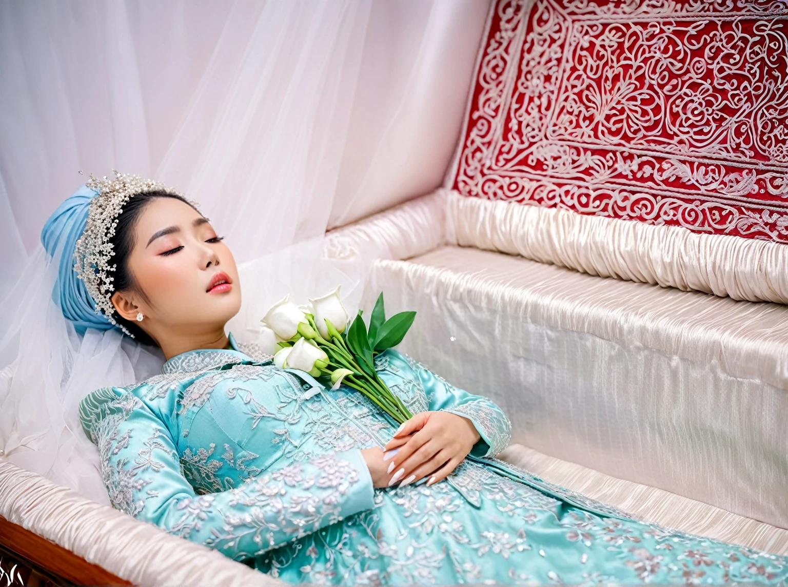 In a striking 8K HDR scene, a stunning Korean woman, 22 years old, lies peacefully in a long coffin and coffin lid beside the dead body. surrounded by plush pillows behind head. The deep box is set against a rich white background, accentuating the beauty of the subject. Her exquisite deep-V neckline kebaya attire is embroidered with superb detail, showcasing her round and firm breasts, perfect cleavage, and beautiful eyebrows. Her closed eyes and mouth give an air of serenity, while her visible and absolute cleavage leave nothing to imagination. The scene is bathed in saturated colors, highlighting every intricate aspect from the ball skirt to her clean face, straight body, detailed hand perfect hands, straight body, own hands together, own hand on stomach, detailed hands, perfect hands, holding the flowers, interlocked fingers