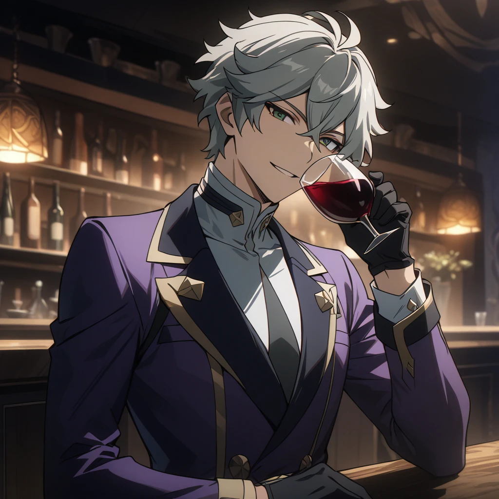 wise from zenless zone zero, 1boy, drinking wine, light grey hair, souma shiki hair, dark green eyes, handsome face, purpurple suit, black  gloves, bar background, upper body, decorative, masterpiece, high quality, hd, 4k, upper body, genshin artstyle, smiling