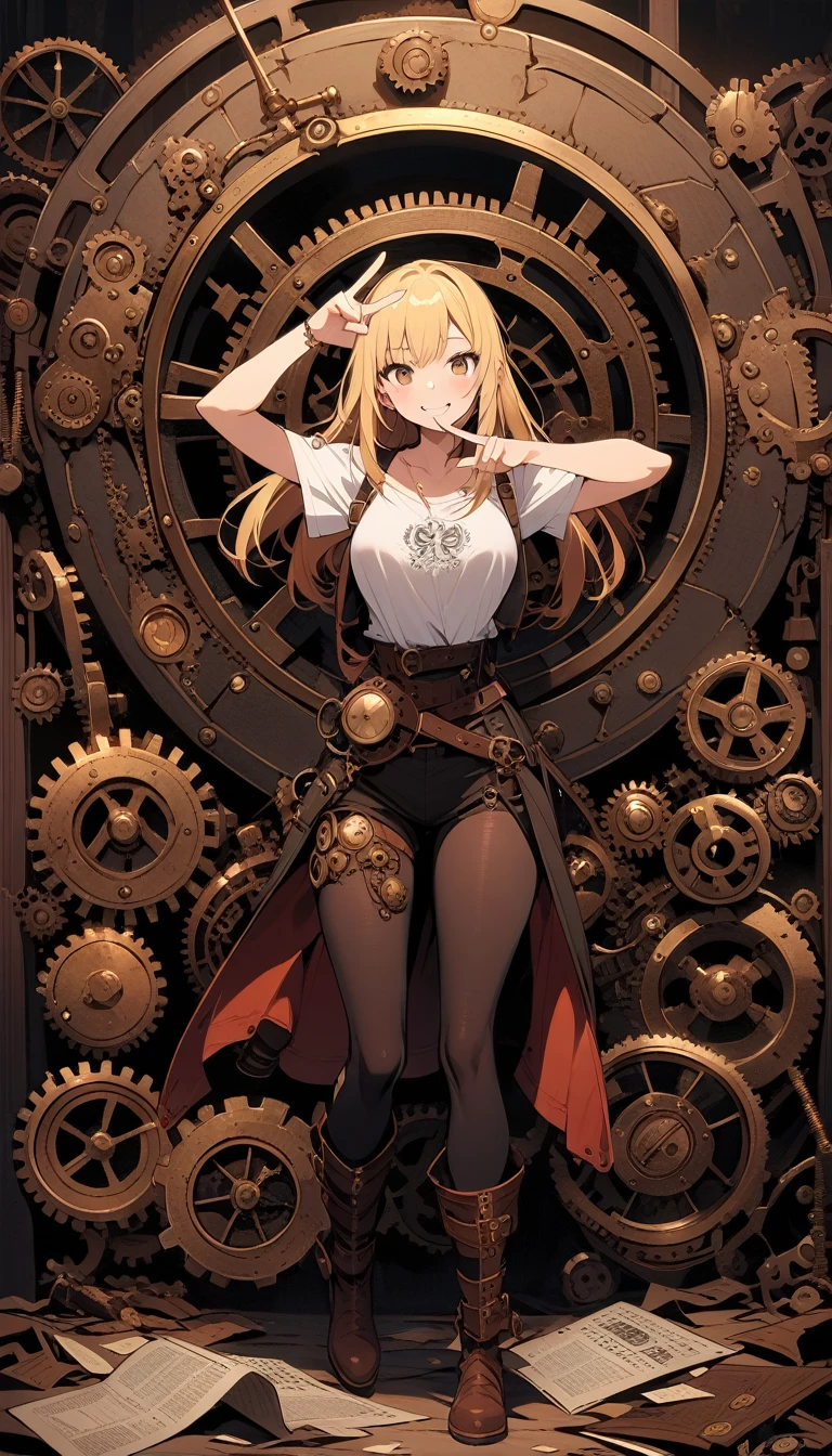 masterpiece, (best quality), (ultra-detailed:1.25), original character, solo focus, steampunk background, a young girl standing in the center wearing a vintage steampunk outfit, consisting of a long victorian-era dress with high-collar and puffed sleeves, black boots with brass buckles, and a wide-brimmed hat with goggles and feathers, holding a brass mechanical device in her hand, standing in front of a wall of cogs and gears, (metal pipes and valves running along the walls: 1.1), (a retro-futuristic control panel or machine nearby: 1.15), (a spotlight or lamp illuminating the girl: 1.25), (a steam-powered engine or generator in the distance: 1.3)