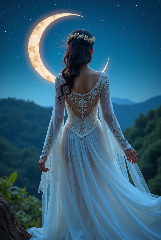 cosplay and costume of bulan a Philippines mythology and can you make it creative, can you add a haft moon and her back since she is goddess of moon imean a moon as her costume in her back since it gonna cosplay it