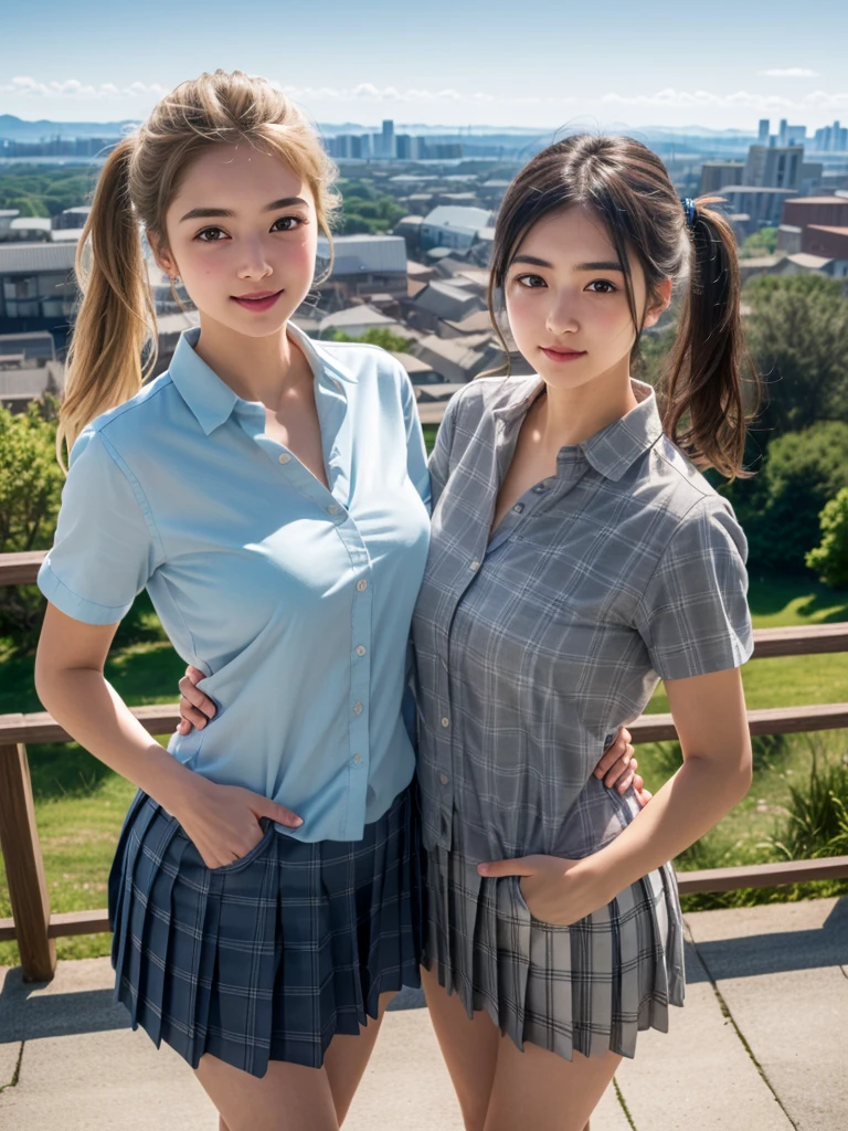 (masterpiece:1.3, highest quality, Ultra-high resolution, Super detailed), (Realistic:1.1, photoRealistic:1.4), Beautiful illustrations, Perfect lighting, colorful, Depth of written boundary, Beautiful detailed hair, Beautifully detailed face, Beautiful fine details, Beautiful clavicle, Beautiful body, Beautiful breasts, Beautiful thighs, Beautiful feet, Beautiful fingers, View your viewers, 1 girl, Japanese, high school girl, Perfect Face, (Perfect Anatomy, Anatomically correct), Cute and symmetrical face, Baby Face, Sunburn, Shiny skin, (Middle Hair:1.5, Twin tails:1.2, Blonde), Asymmetrical bangs, blue eyes, Long Eyelashes, (Medium chest), thin, ((Collared short-sleeved shirt, Light blue shirt, , Grey plaid pleated skirt, Navy them)), No panties, (Beautiful views), evening, (Outdoor, distant cityscape), Are standing, (peace sign), (Cute smile, Cheek blush、Upward glance, Open your mouth), (Perverted old man opens girl's pussy:1.3),