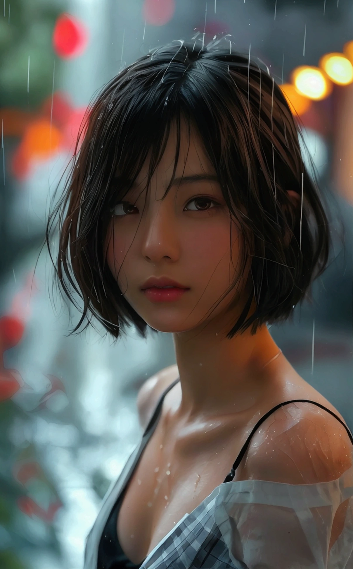 (8k, Photorealistic, Raw photo, Highest quality: 1.4),Japanese idol-style beautiful girl,1 person,17 years old,(Short Bob),(Black),She has her hair tucked behind her ears,Clear grey eyes,Eyes moist,Long eyelashes(piercings(small)),(Lip gloss),lips(Plump,glossy),Thin and delicate shoulders,thin abdomen,(Open shirt),(Pleated skirt(Plaid)),(loafers),On the way home from school,Sudden squall,Soaked from head to toe,My shirt is wet and transparent,Full body snapshot