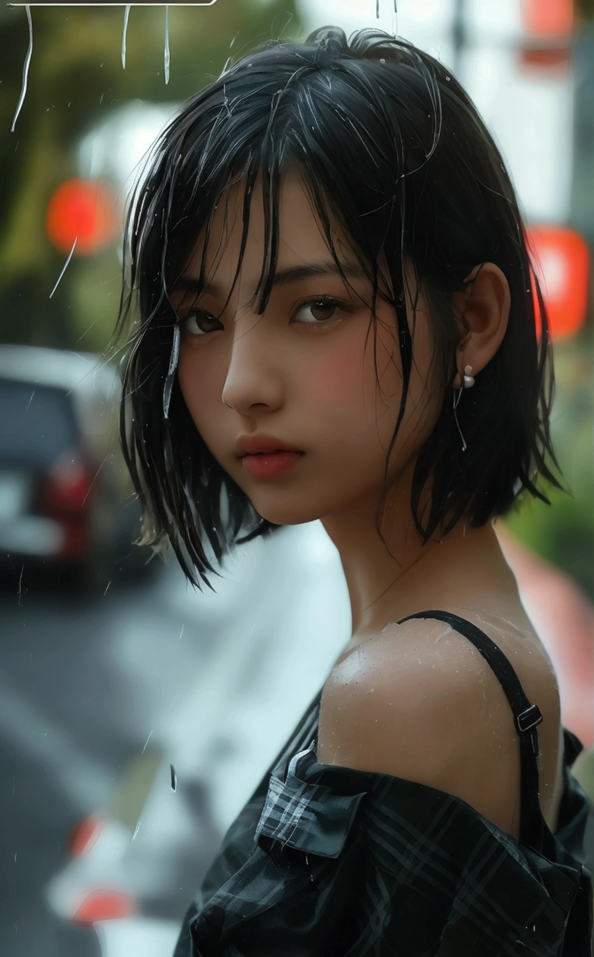 (8k, Photorealistic, Raw photo, Highest quality: 1.4),Japanese idol-style beautiful girl,1 person,,(Short Bob),(Black),She has her hair tucked behind her ears,Clear grey eyes,Eyes moist,Long eyelashes(piercings(small)),(Lip gloss),lips(Plump,glossy),Thin and delicate shoulders,thin abdomen,(Open shirt),(Pleated skirt(Plaid)),(loafers),On the way home from school,Sudden squall,Soaked from head to toe,My shirt is wet and transparent,Full body snapshot