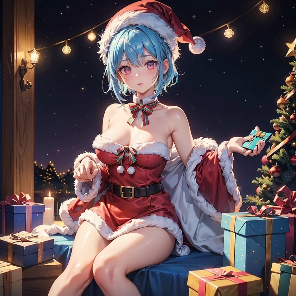 (Sky blue hair),(Braided short hair), (Pink Eyes),Fair skin) ,(whole body),(One Girl),(Gift boxes filling the background),(Santa Claus clothes),(Ahegao),Santa Claus hat,(Christmas Party),(masterpiece, Highest quality, Very detailed, Best Shadow), (Detailed Background), (Beautifully detailed face), High Contrast, (Best lighting, Very delicate and beautiful), ((Cinematic Light)), Hyper Detail,8k, Dramatic Light, Intricate details,night,Christmas tree