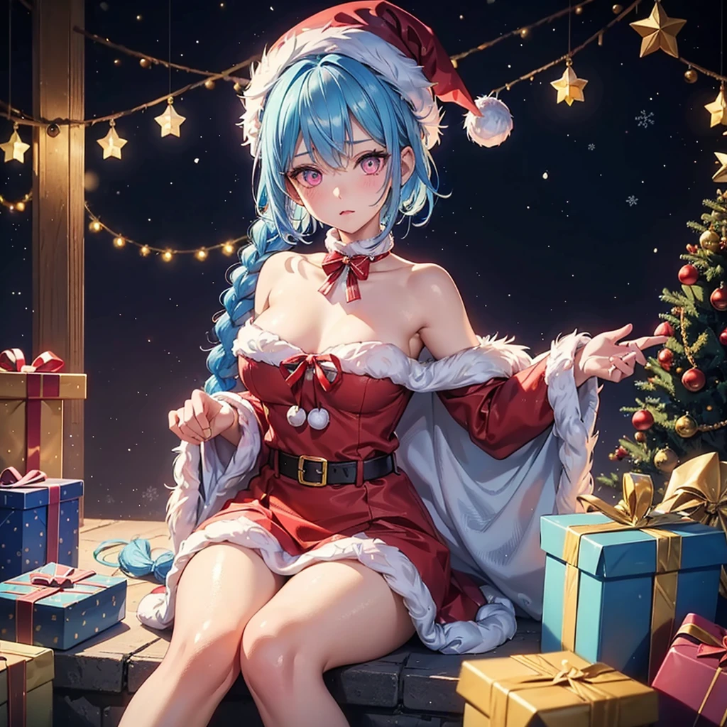 (Sky blue hair),(Braided short hair), (Pink Eyes),Fair skin) ,(whole body),(One Girl),(Gift boxes filling the background),(Santa Claus clothes),(Ahegao),Santa Claus hat,(Christmas Party),(masterpiece, Highest quality, Very detailed, Best Shadow), (Detailed Background), (Beautifully detailed face), High Contrast, (Best lighting, Very delicate and beautiful), ((Cinematic Light)), Hyper Detail,8k, Dramatic Light, Intricate details,night,Christmas tree